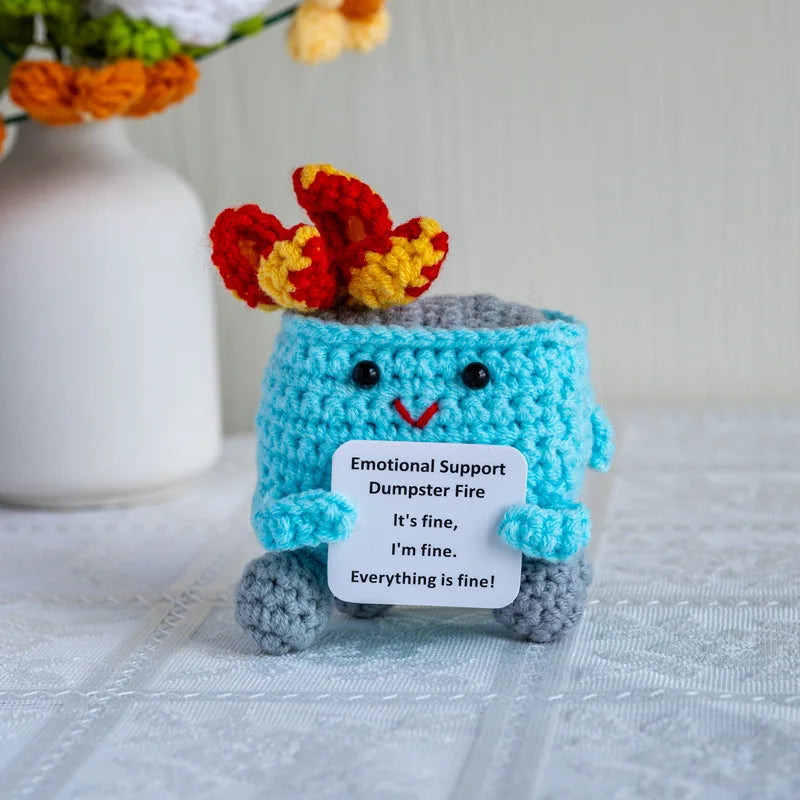 Handmade Crochet Positive Energy Shark Doll – Dumpster Fire (Light Blue)