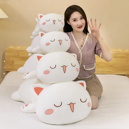 Lying Flat Cat Plush - Chonky White & Gray Kitty Cushion