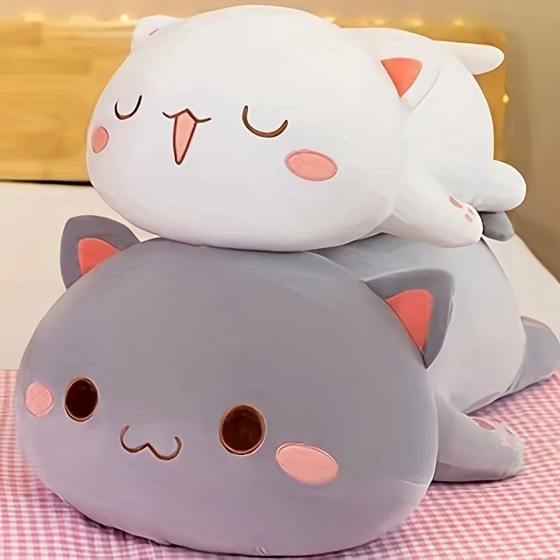 Lying Flat Cat Plush - Chonky White & Gray Kitty Cushion
