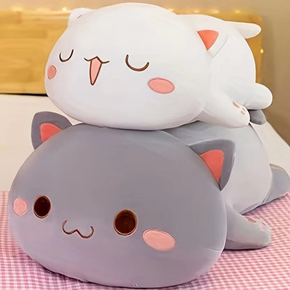Lying Flat Cat Plush - Chonky White & Gray Kitty Cushion
