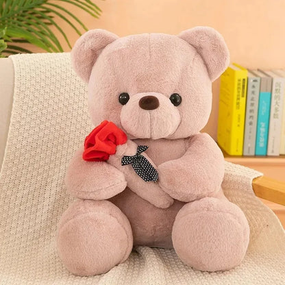 White Teddy Bear with Red Rose - Romantic Plush Gift – White Bear + Pink Rose