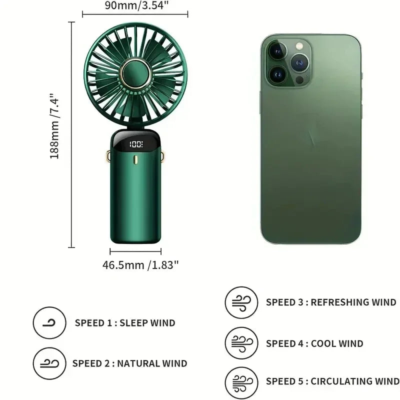 Portable 5-Speed Handheld Fan with LED Display