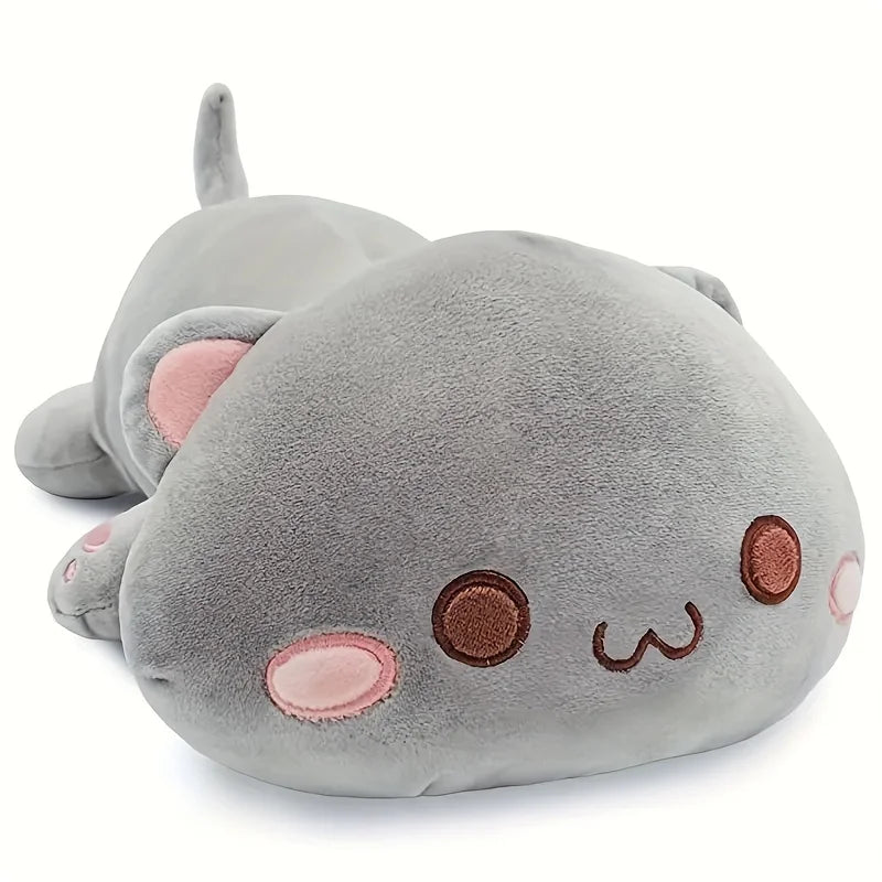 Lying Flat Cat Plush - Chonky White & Gray Kitty Cushion