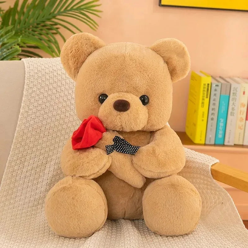 White Teddy Bear with Red Rose - Romantic Plush Gift – White Bear + Blue Bow