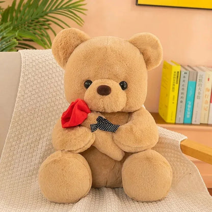White Teddy Bear with Red Rose - Romantic Plush Gift – White Bear + Blue Bow
