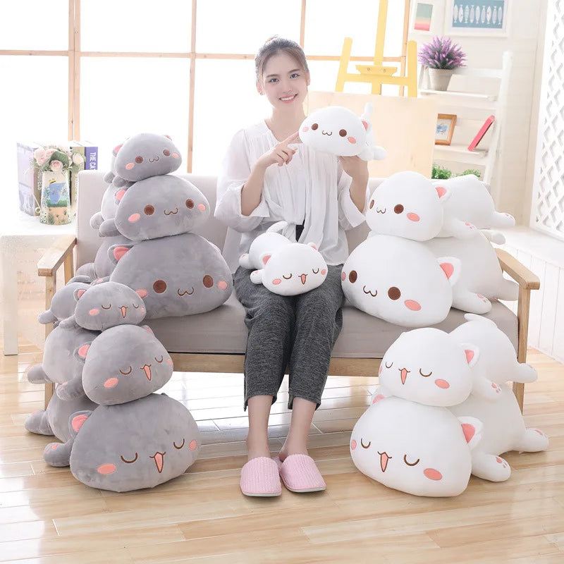 Lying Flat Cat Plush - Chonky White & Gray Kitty Cushion
