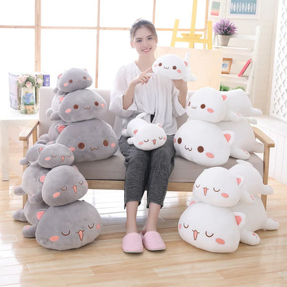 Lying Flat Cat Plush - Chonky White & Gray Kitty Cushion