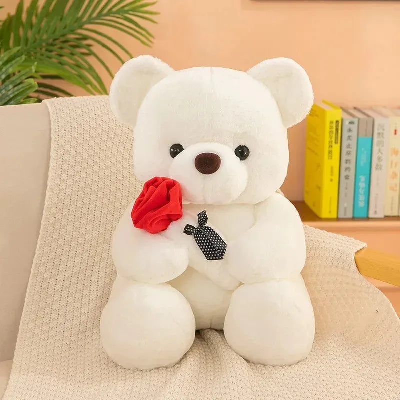 White Teddy Bear with Red Rose - Romantic Plush Gift – White Bear + Red Rose